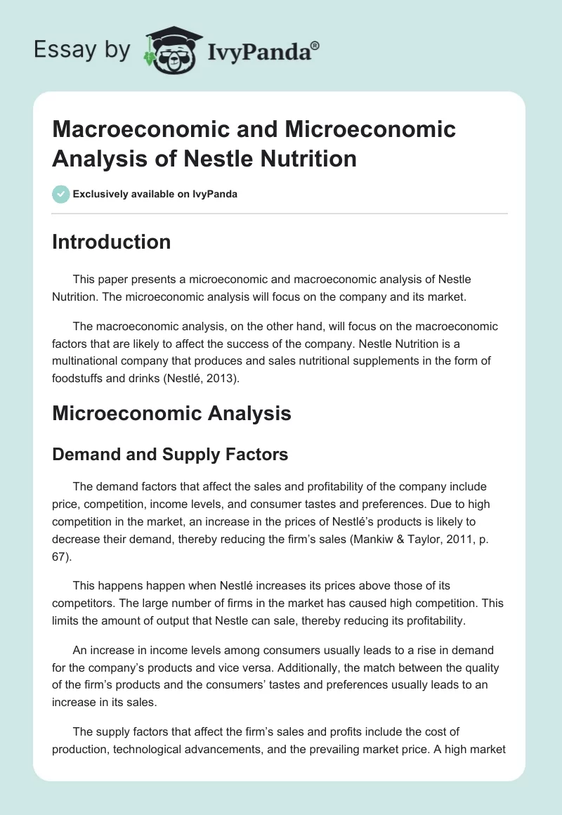 Macroeconomic and Microeconomic Analysis of Nestle Nutrition. Page 1