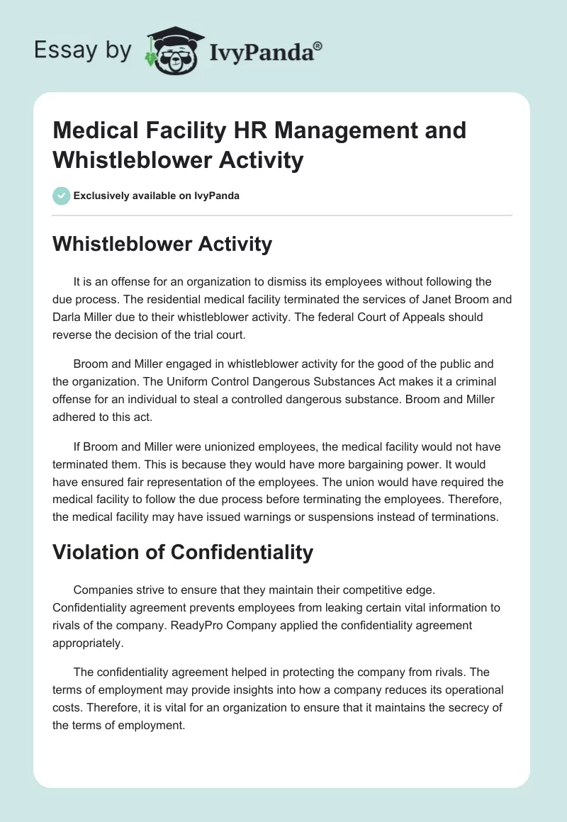 Medical Facility HR Management and Whistleblower Activity. Page 1