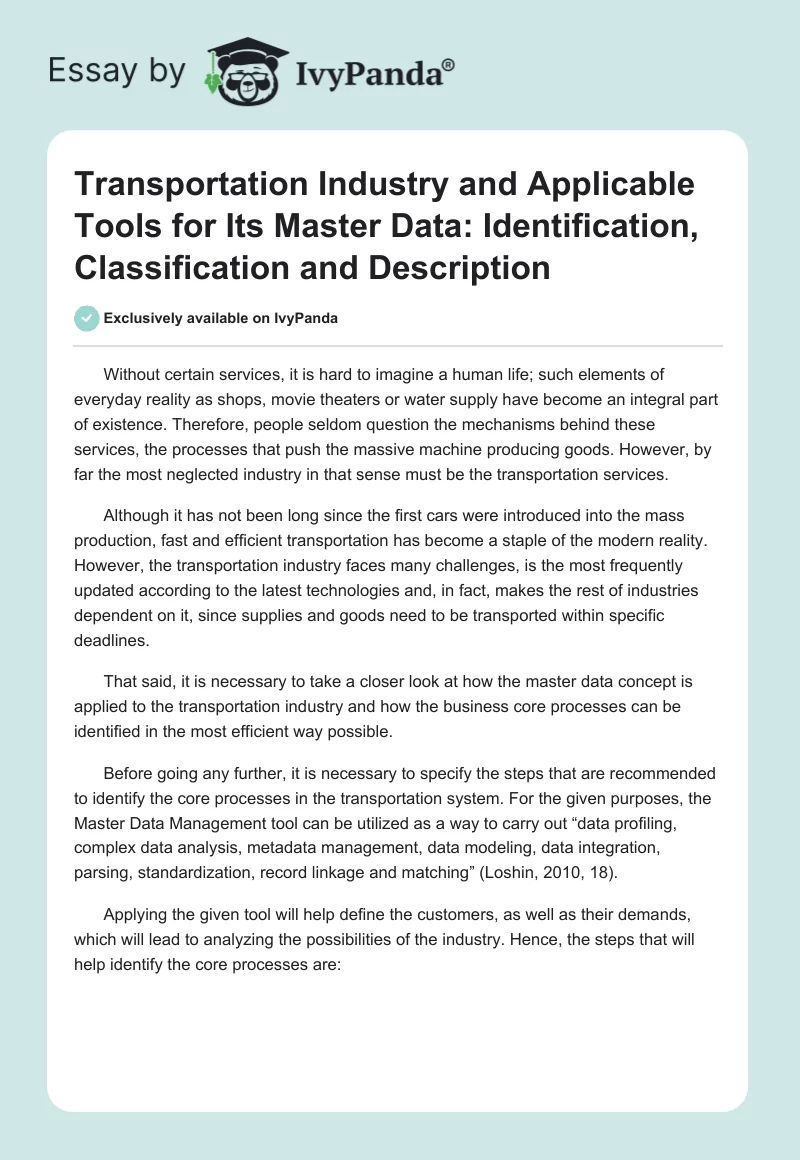 Transportation Industry and Applicable Tools for Its Master Data: Identification, Classification and Description. Page 1