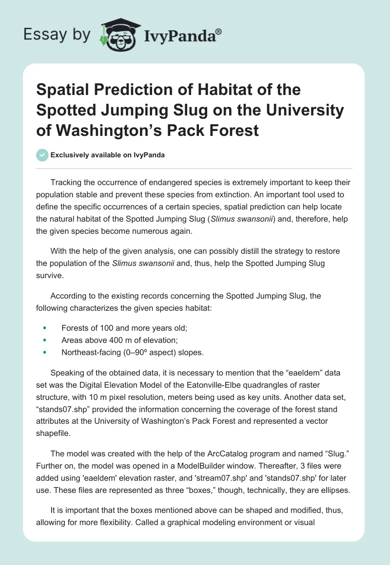 Spatial Prediction of Habitat of the Spotted Jumping Slug on the University of Washington’s Pack Forest. Page 1