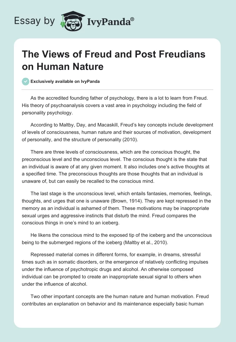 The Views of Freud and Post Freudians on Human Nature. Page 1