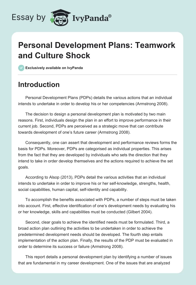 Personal Development Plans: Teamwork and Culture Shock. Page 1