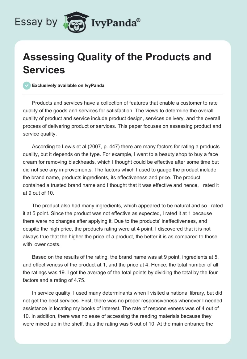Assessing Quality of the Products and Services. Page 1