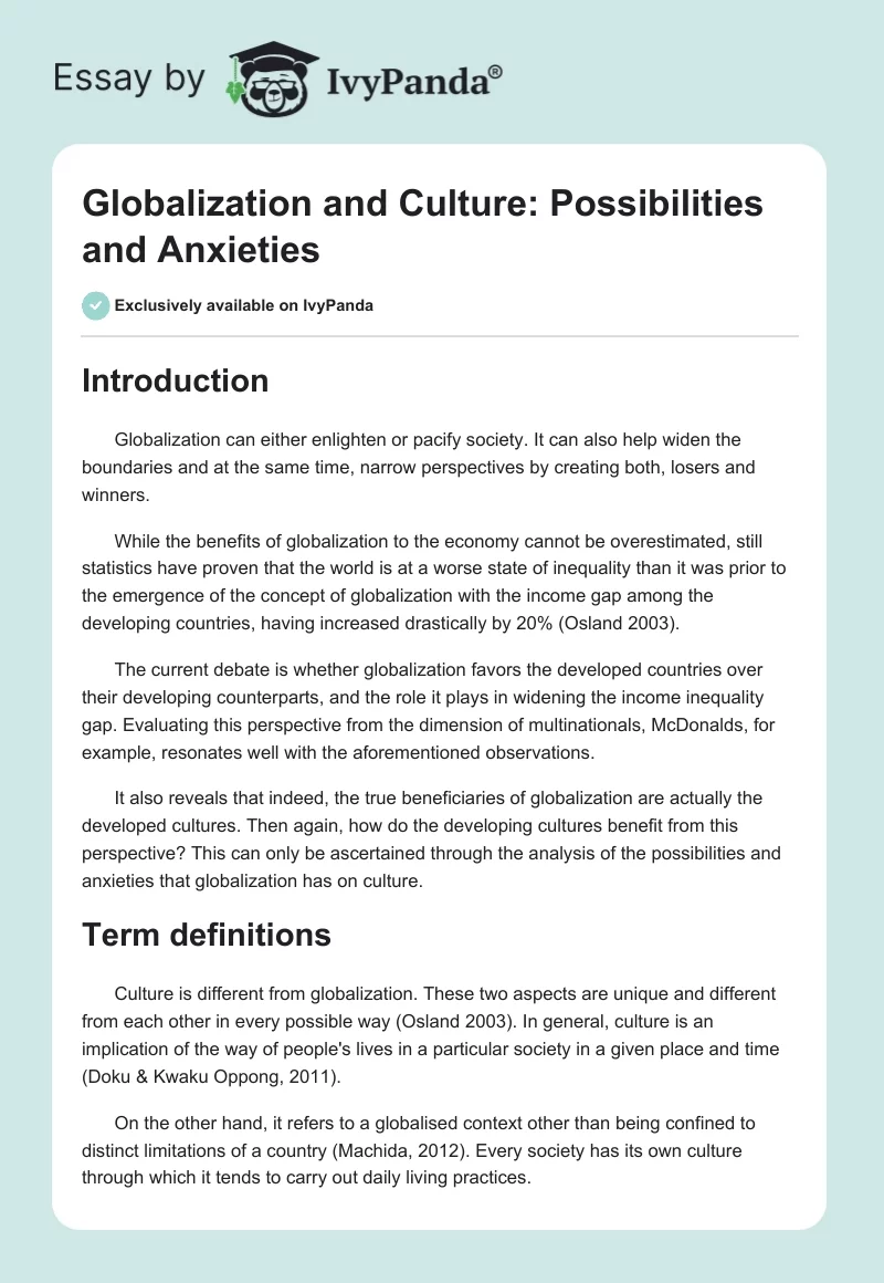 Globalization and Culture: Possibilities and Anxieties. Page 1