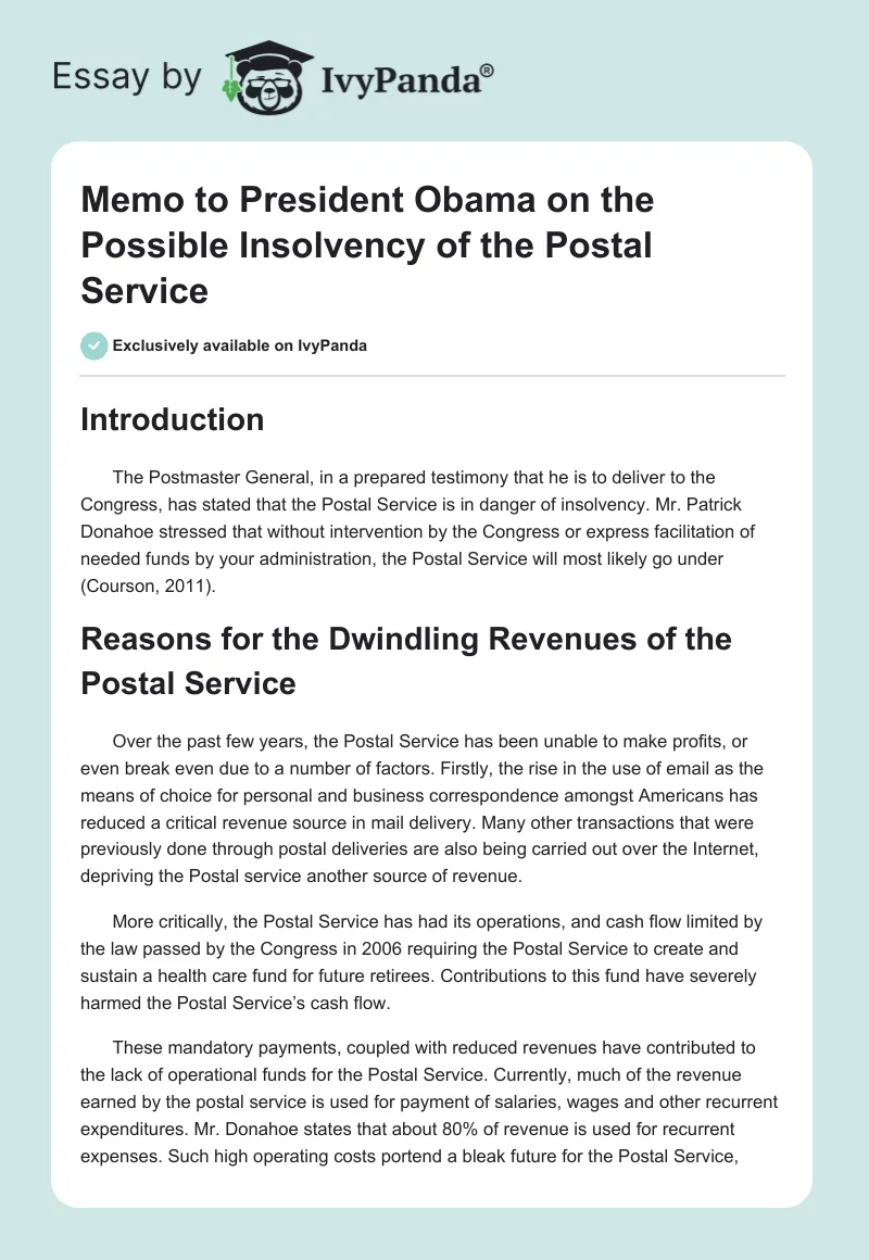 Memo to President Obama on the Possible Insolvency of the Postal Service. Page 1