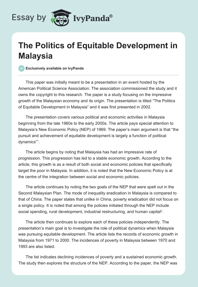 The Politics of Equitable Development in Malaysia. Page 1