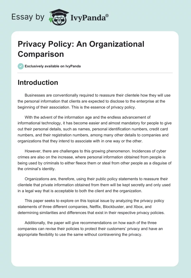Privacy Policy: An Organizational Comparison. Page 1