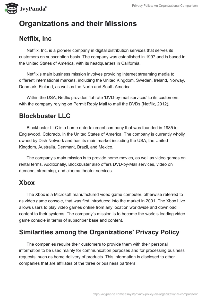 Privacy Policy: An Organizational Comparison. Page 2