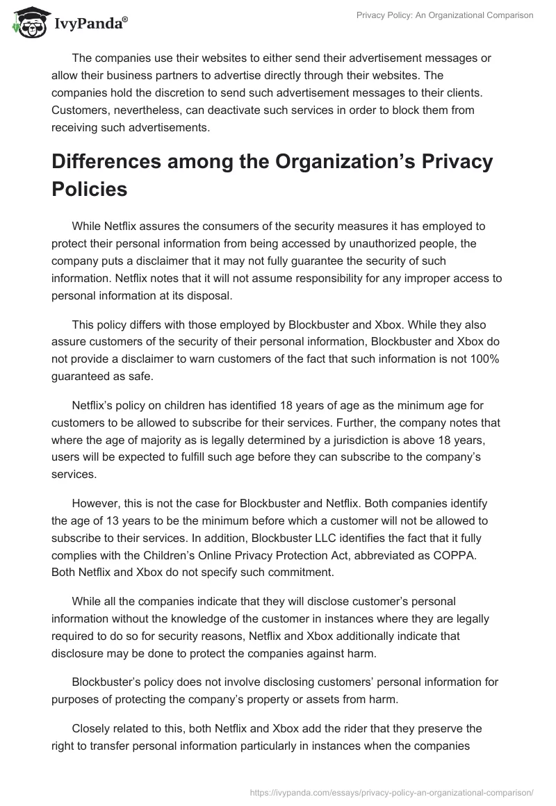 Privacy Policy: An Organizational Comparison. Page 4