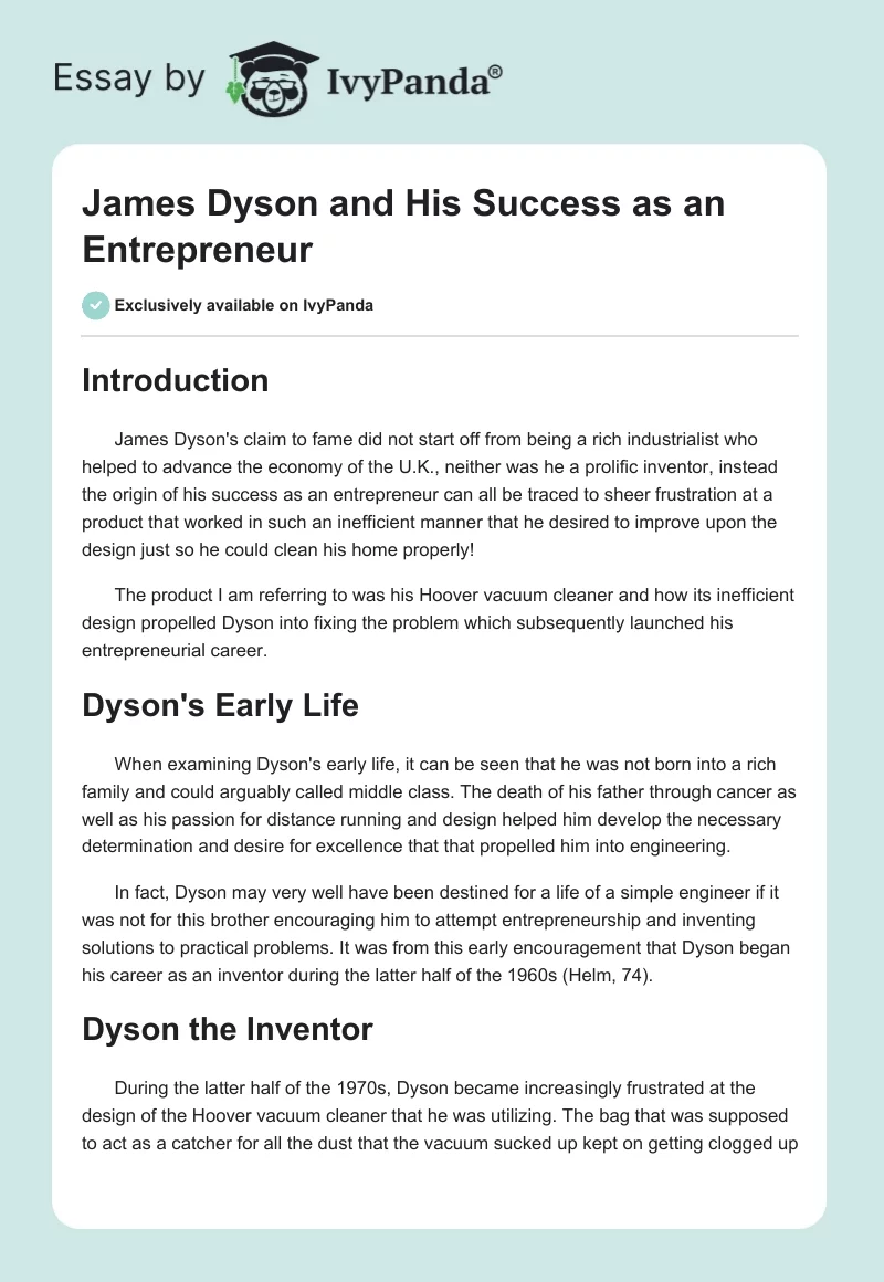 James Dyson and His Success as an Entrepreneur. Page 1