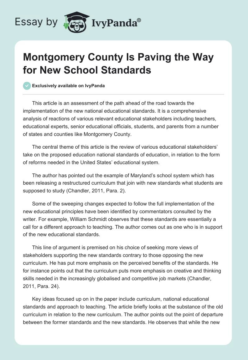 Montgomery County Is Paving the Way for New School Standards. Page 1