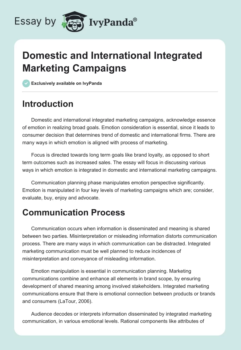 Domestic and International Integrated Marketing Campaigns. Page 1