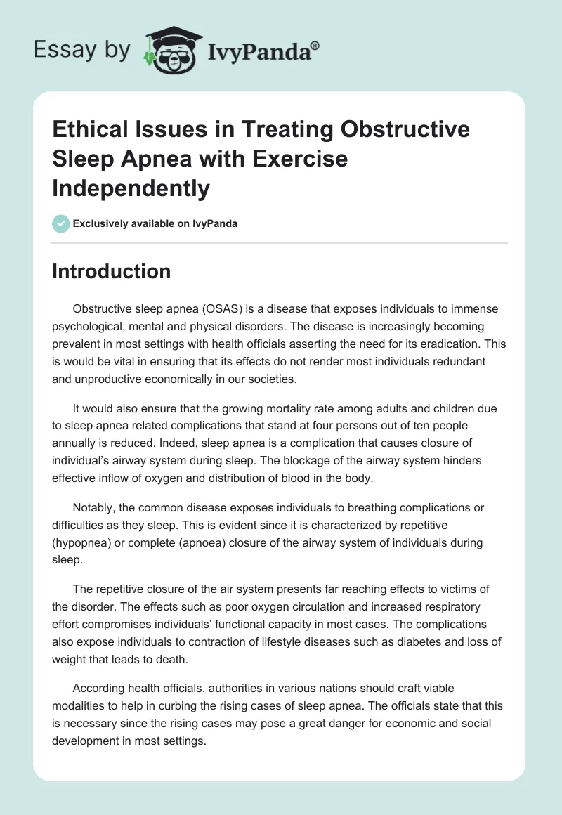 Ethical Issues in Treating Obstructive Sleep Apnea with Exercise Independently. Page 1