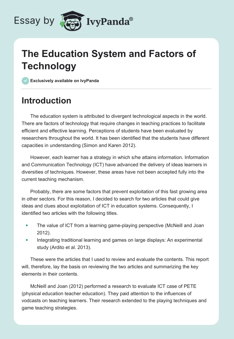 The Education System and Factors of Technology. Page 1