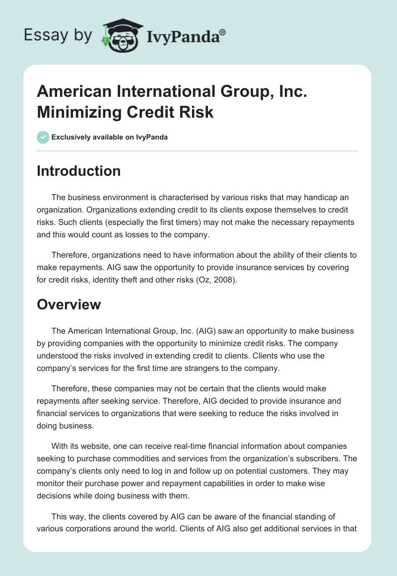 American International Group, Inc. Minimizing Credit Risk. Page 1