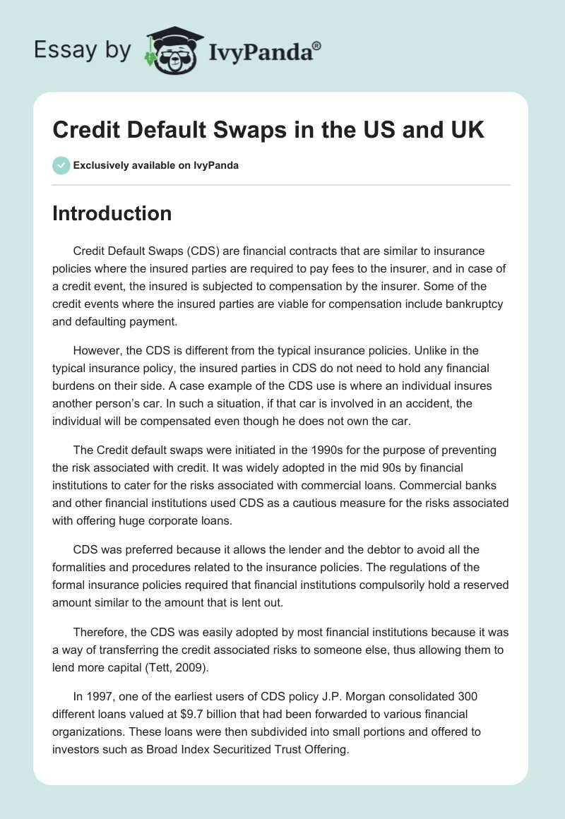Credit Default Swaps in the US and UK. Page 1
