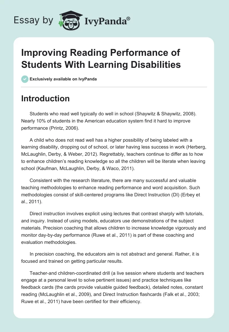 Improving Reading Performance of Students With Learning Disabilities. Page 1
