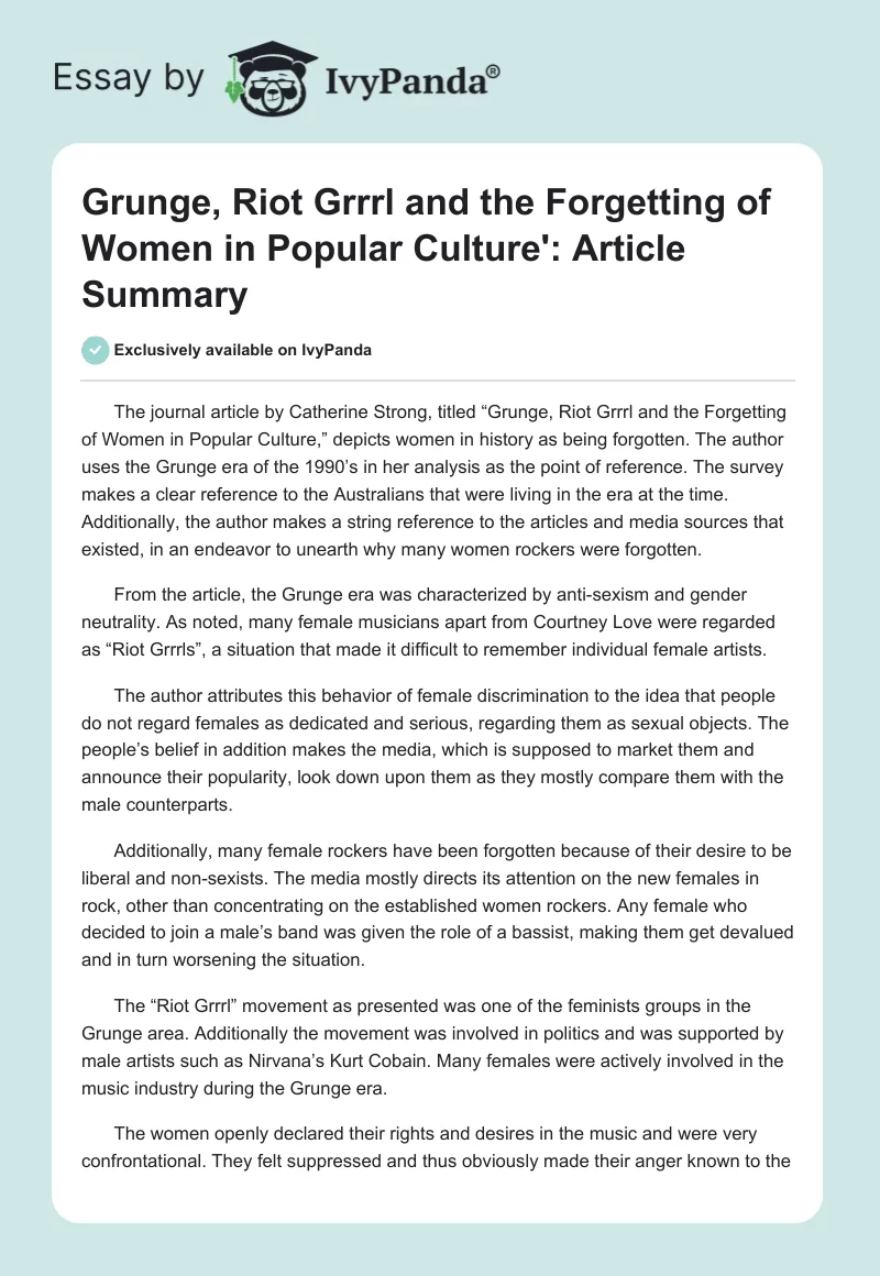 Grunge, Riot Grrrl and the Forgetting of Women in Popular Culture': Article Summary. Page 1