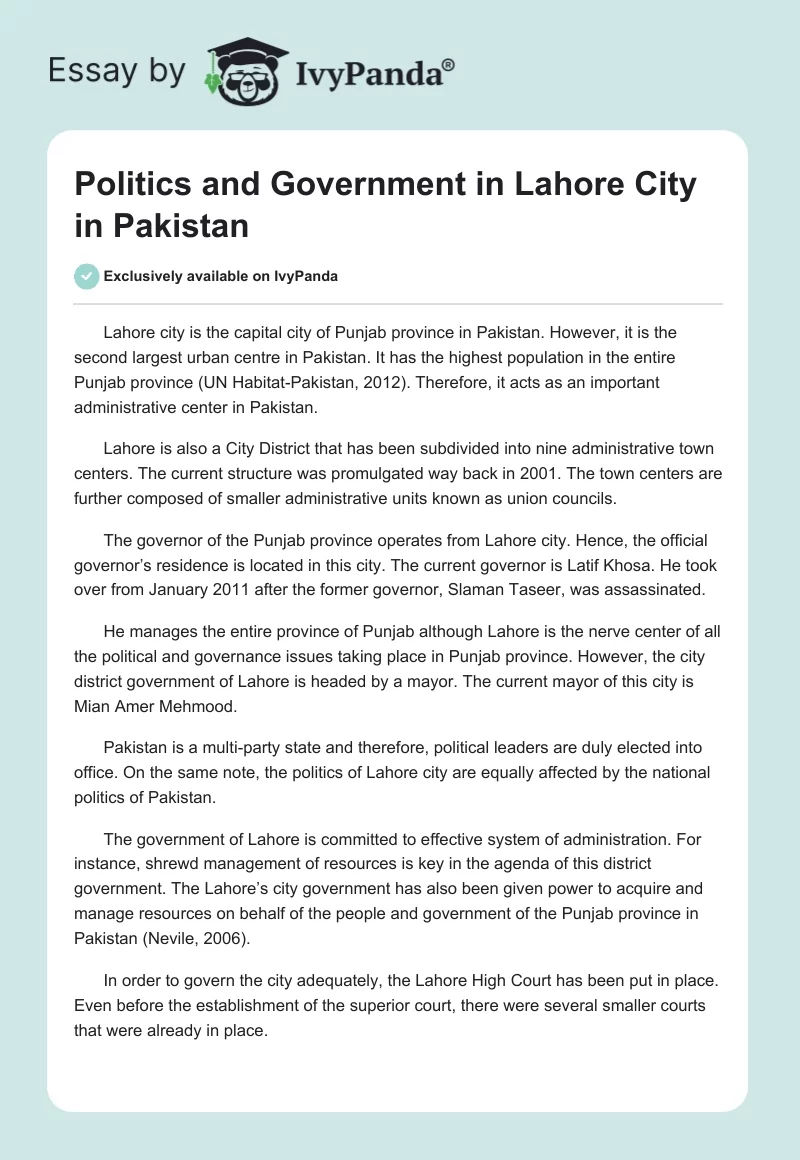 Politics and Government in Lahore City in Pakistan. Page 1