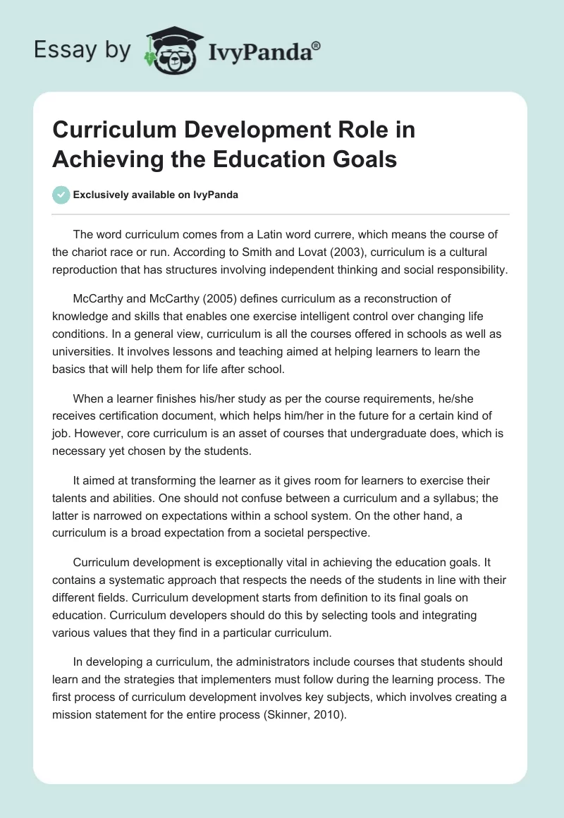 Curriculum Development Role in Achieving the Education Goals. Page 1