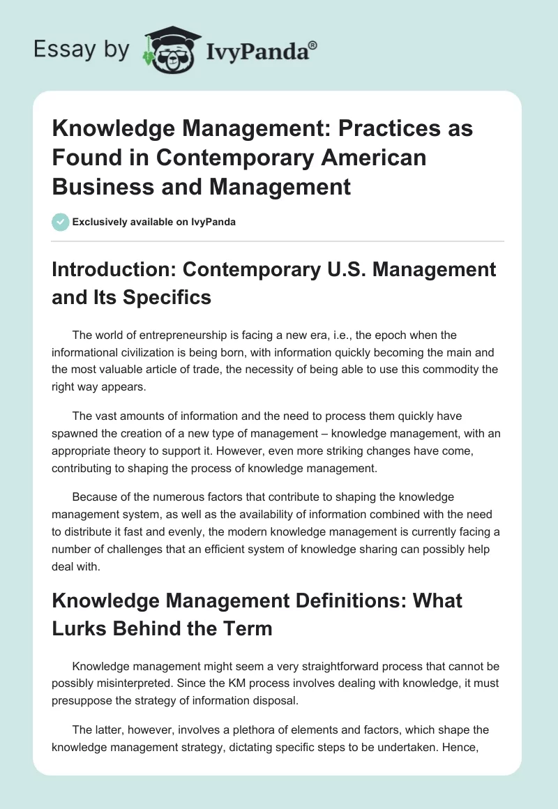 Knowledge Management: Practices as Found in Contemporary American Business and Management. Page 1
