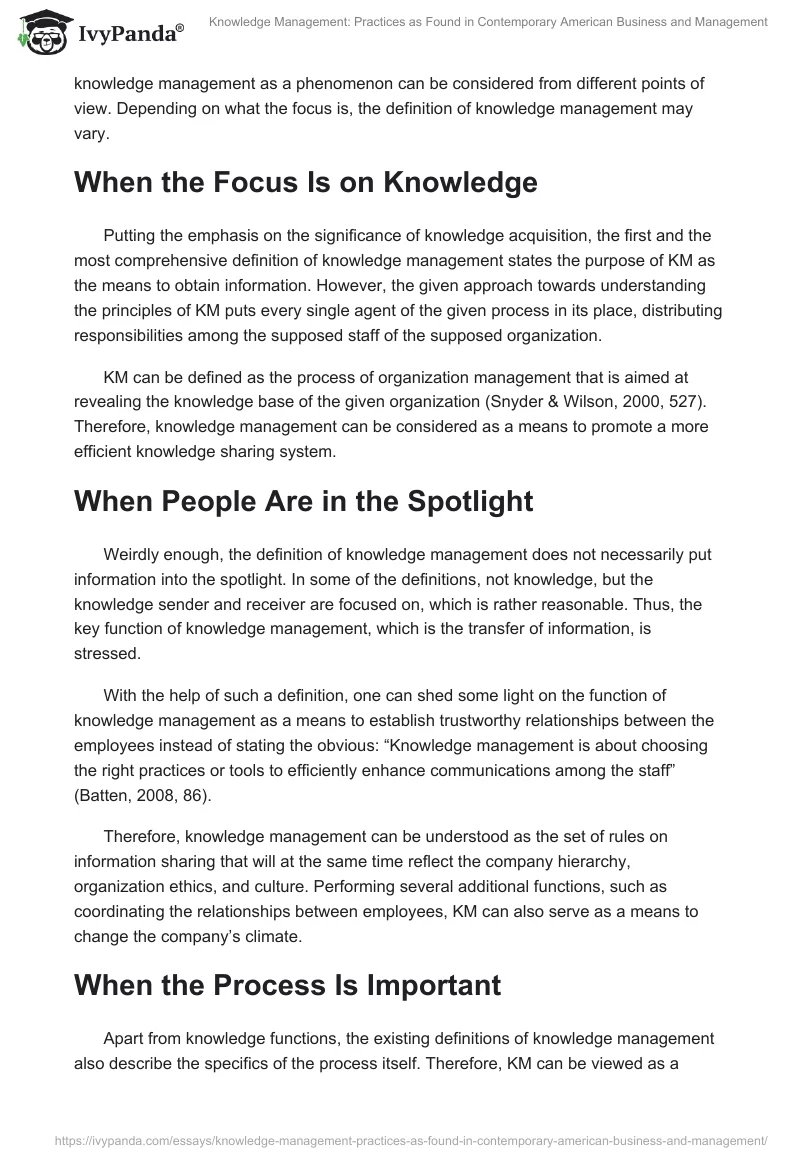 Knowledge Management: Practices as Found in Contemporary American Business and Management. Page 2