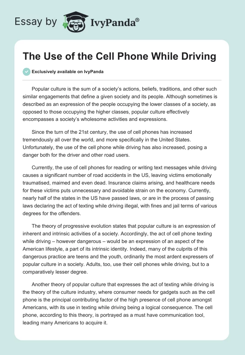 The Use of the Cell Phone While Driving. Page 1