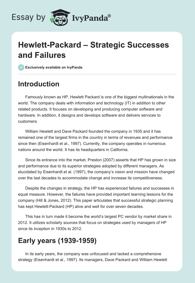 Hewlett-Packard – Strategic Successes and Failures. Page 1