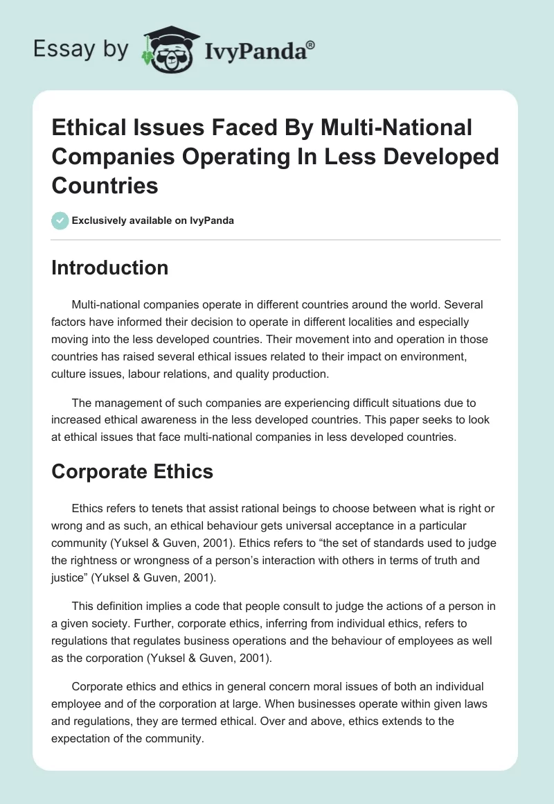 Ethical Issues Faced By Multi-National Companies Operating In Less Developed Countries. Page 1