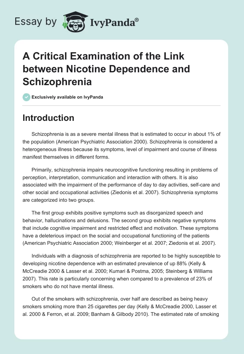 A Critical Examination of the Link between Nicotine Dependence and Schizophrenia. Page 1