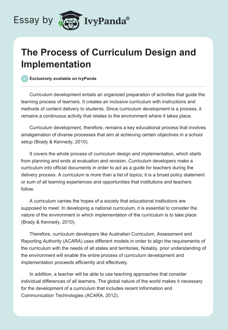 The Process of Curriculum Design and Implementation. Page 1