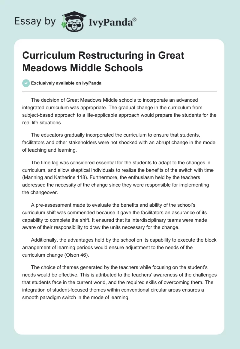 Curriculum Restructuring in Great Meadows Middle Schools. Page 1