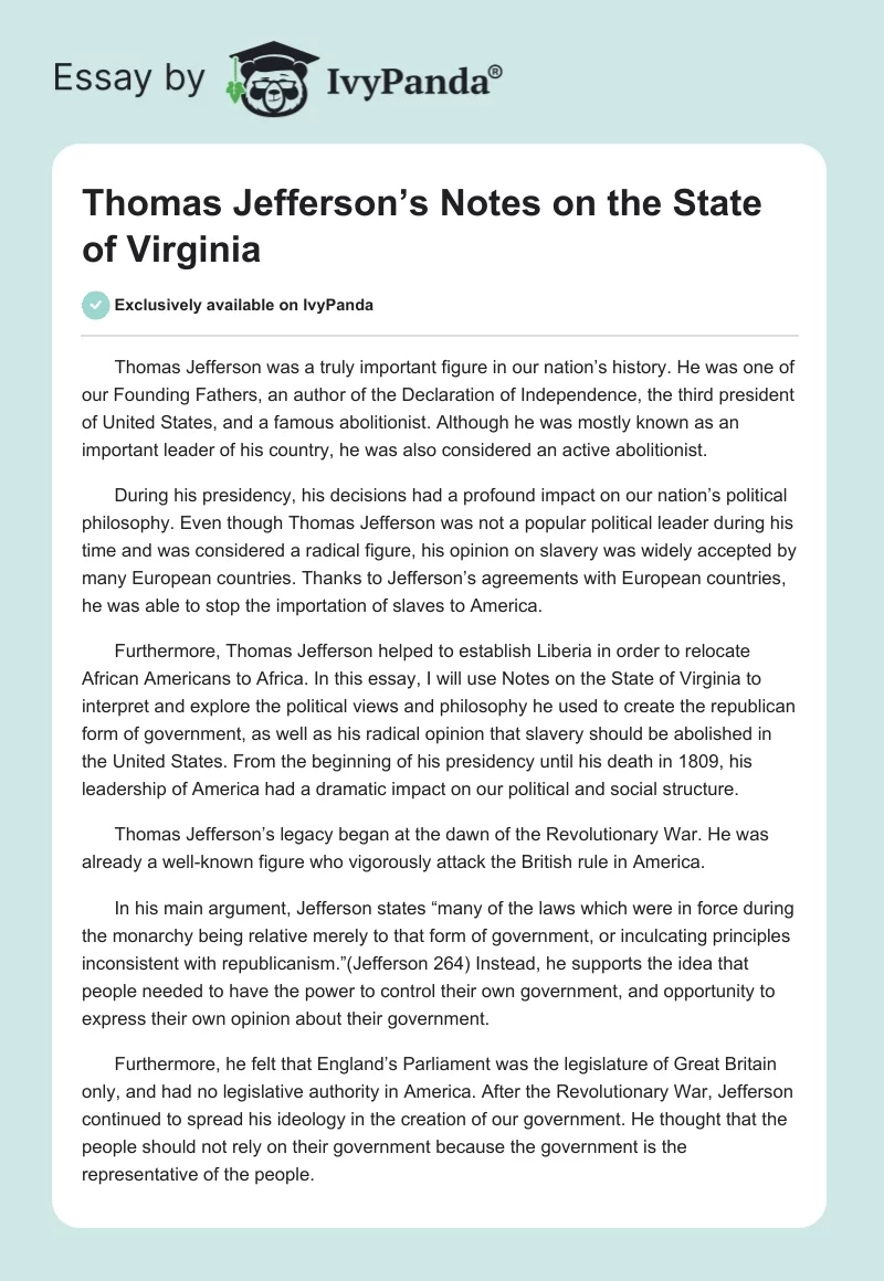 Thomas Jefferson’s Notes on the State of Virginia. Page 1