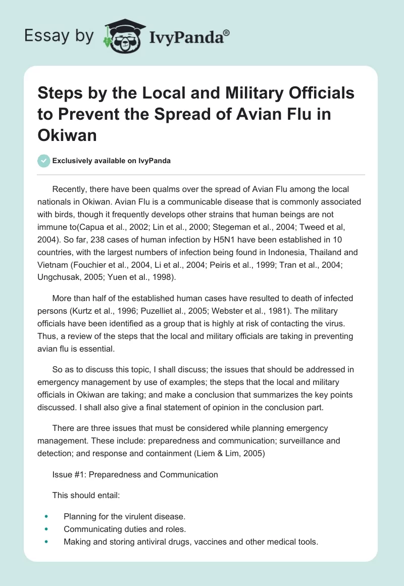 Steps by the Local and Military Officials to Prevent the Spread of Avian Flu in Okiwan. Page 1