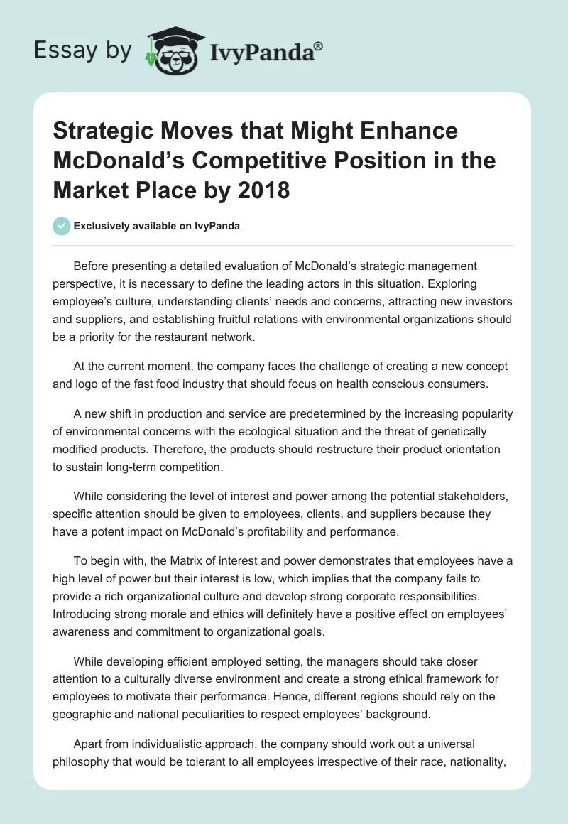 Strategic Moves That Might Enhance McDonald’s Competitive Position in the Market Place by 2018. Page 1