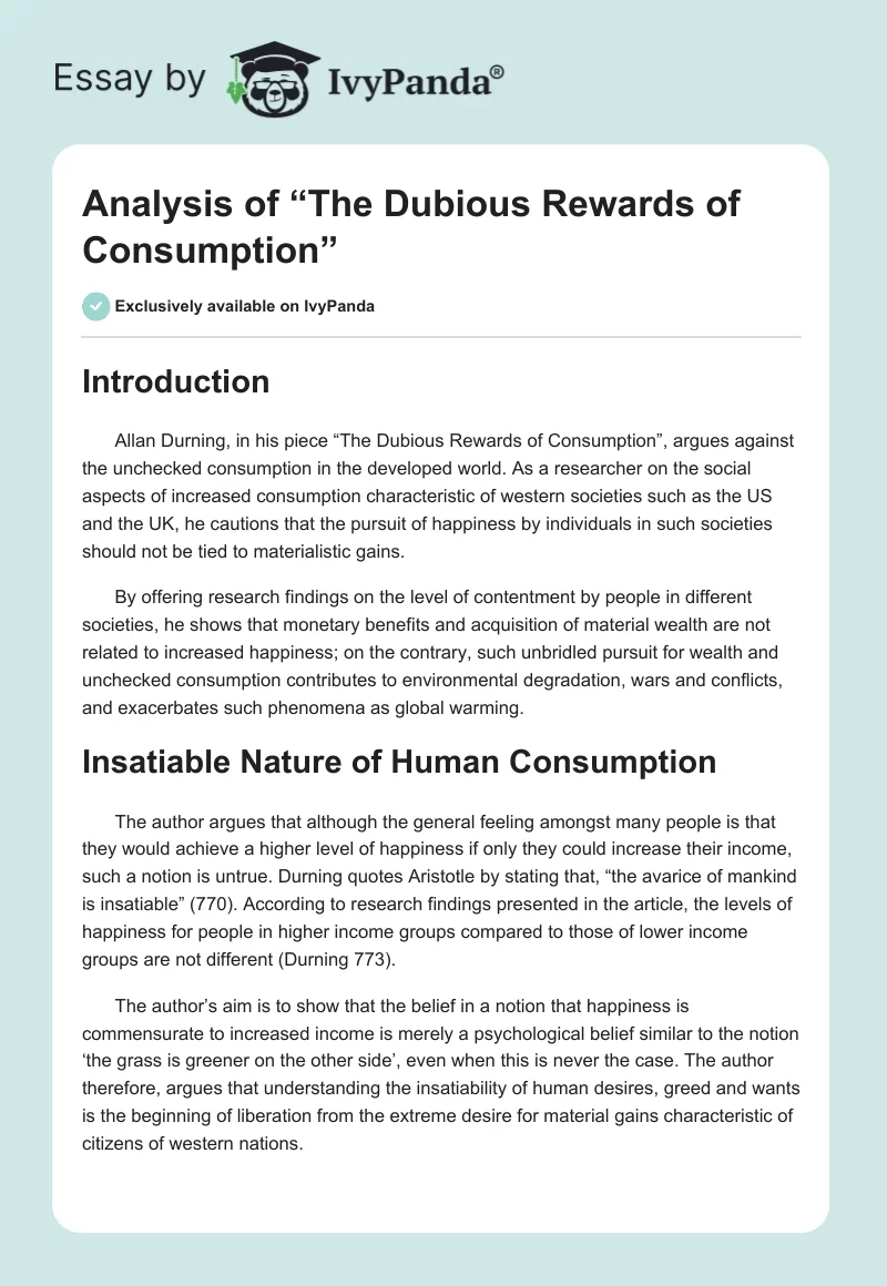 Analysis of “The Dubious Rewards of Consumption”. Page 1