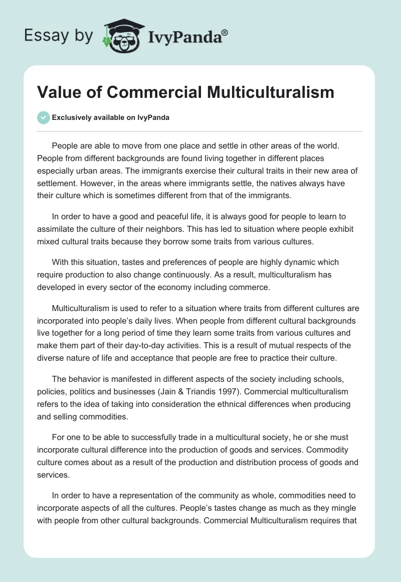 Value of Commercial Multiculturalism. Page 1