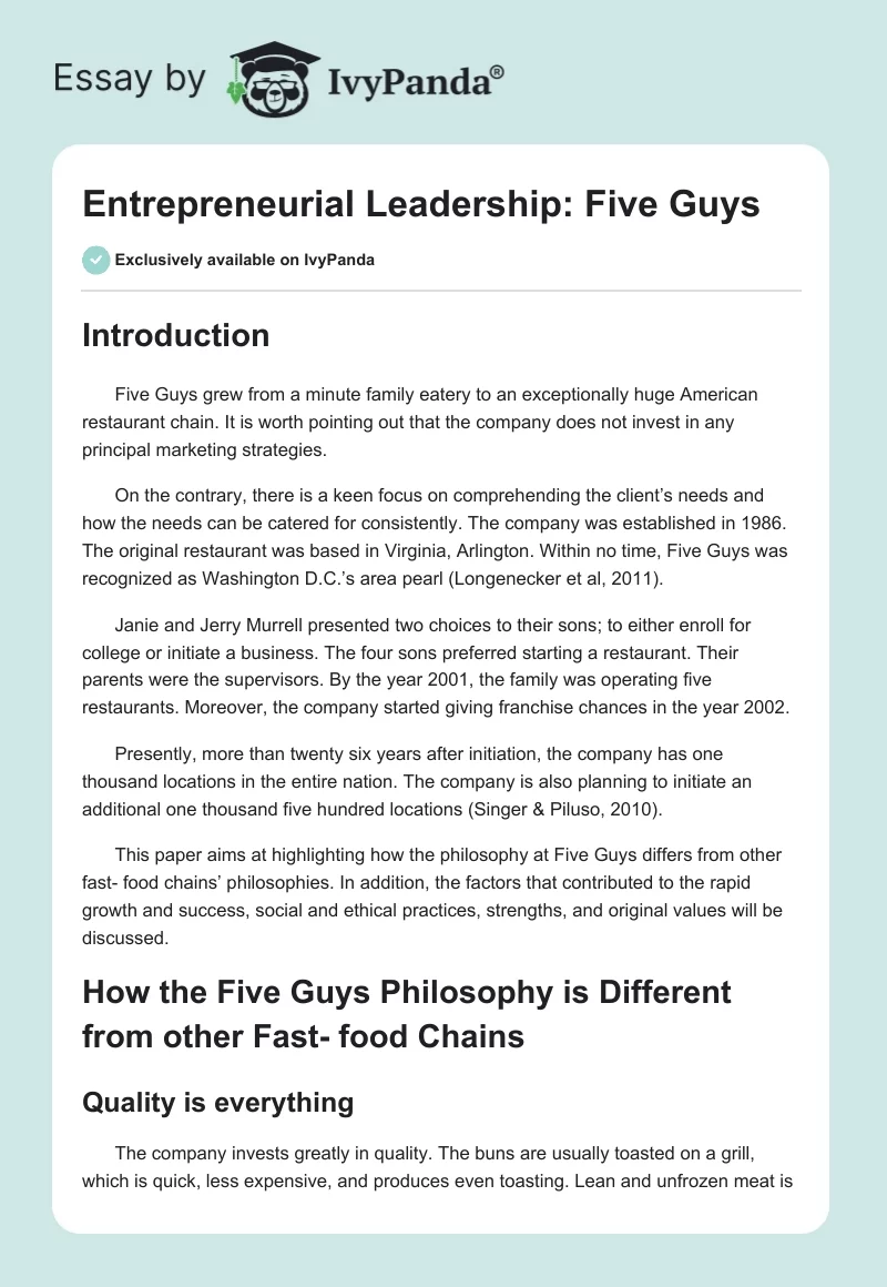 Entrepreneurial Leadership: Five Guys. Page 1