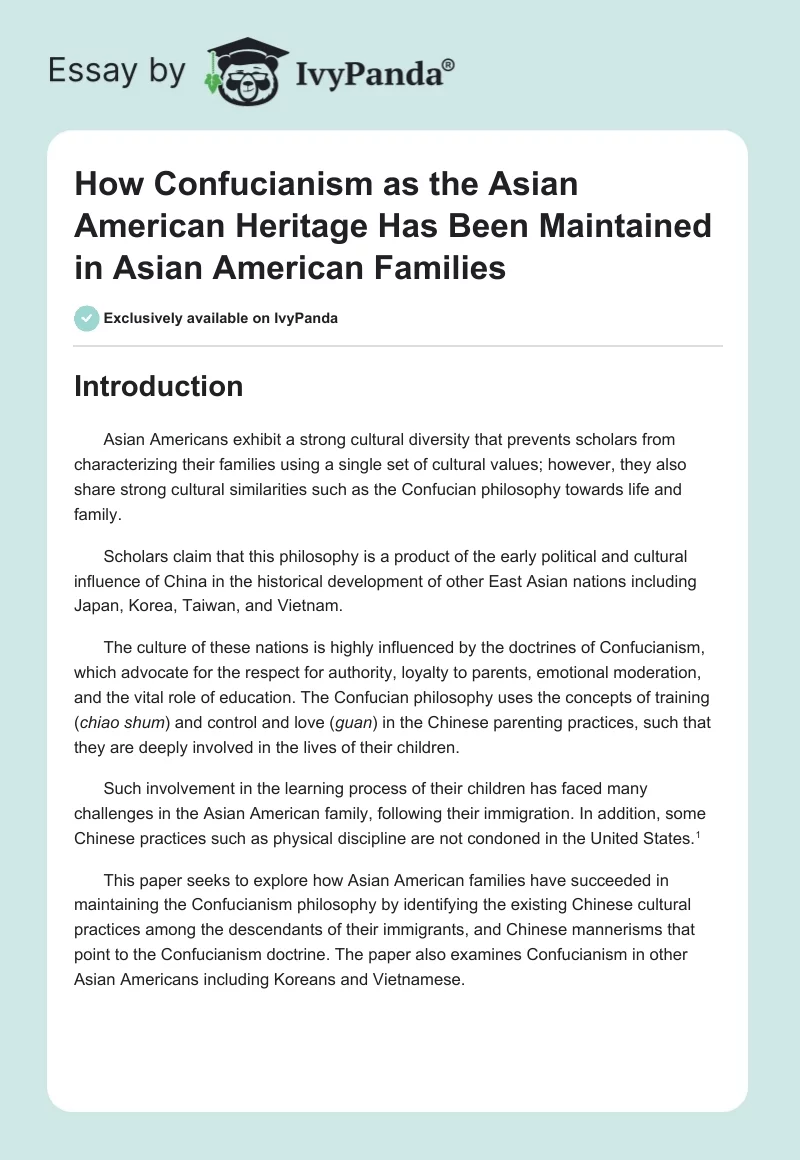 How Confucianism as the Asian American Heritage Has Been Maintained in Asian American Families. Page 1