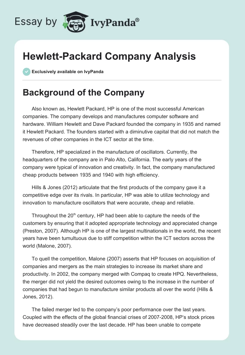 Hewlett-Packard Company Analysis. Page 1