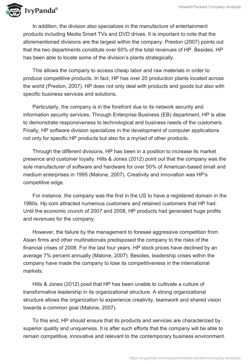 Hewlett-Packard Company Analysis. Page 3