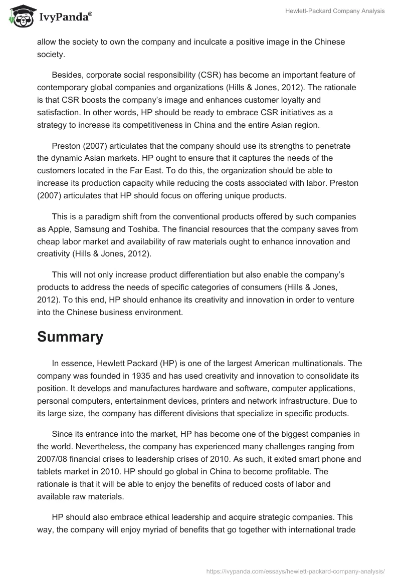 Hewlett-Packard Company Analysis. Page 5
