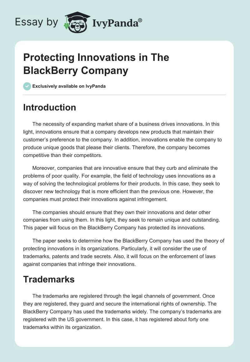 Protecting Innovations in The BlackBerry Company. Page 1