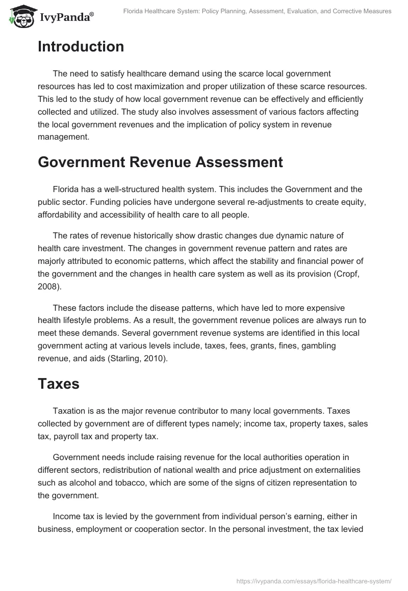 Florida Healthcare System: Policy Planning, Assessment, Evaluation, and Corrective Measures. Page 2