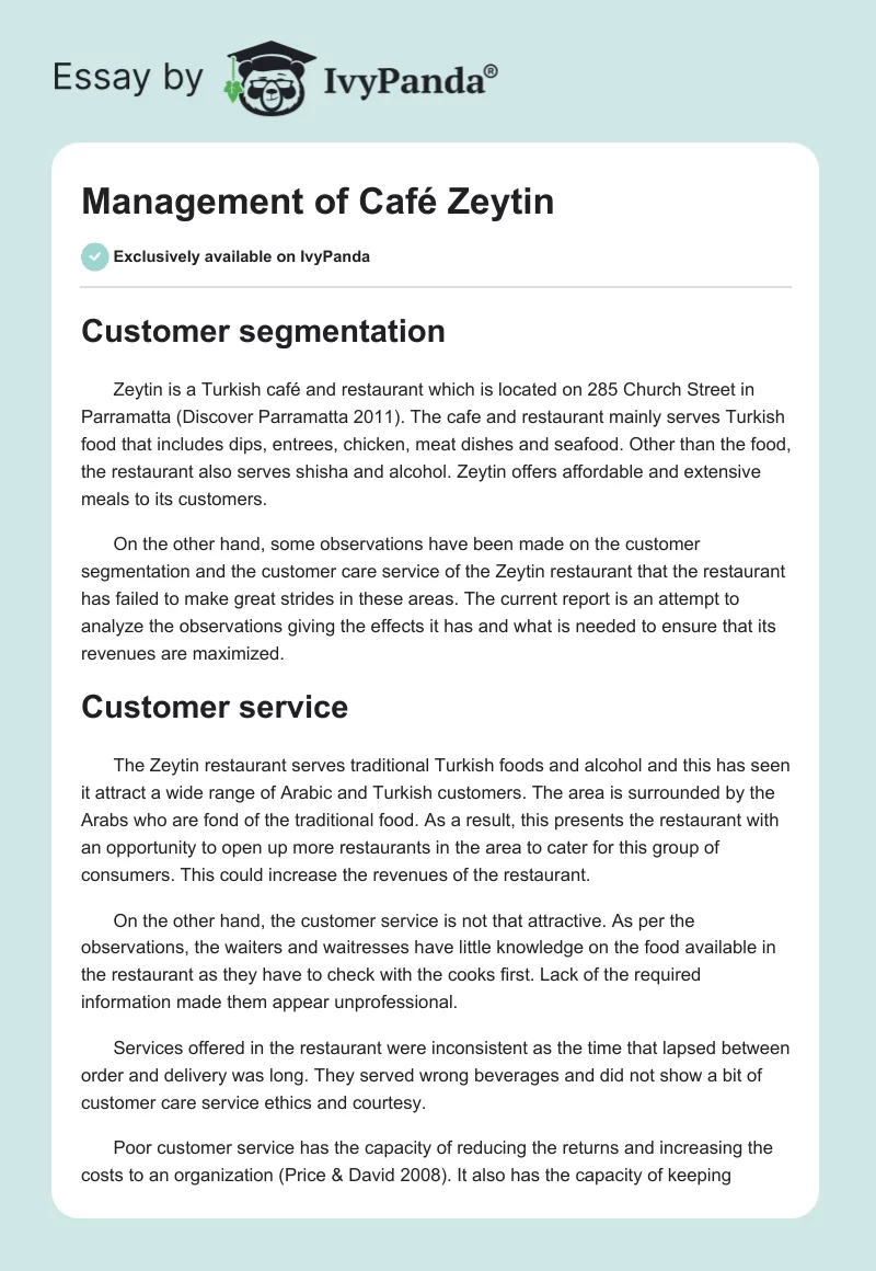 Management of Café Zeytin. Page 1