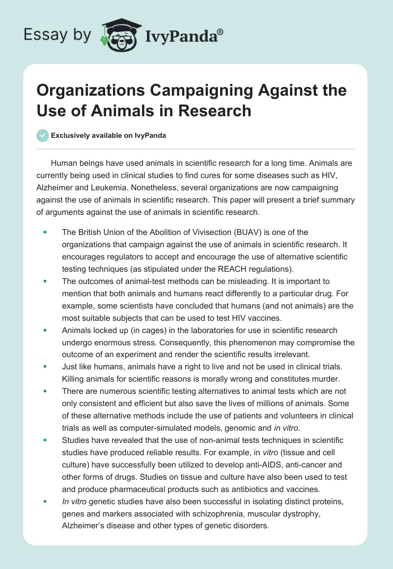Organizations Campaigning Against the Use of Animals in Research. Page 1