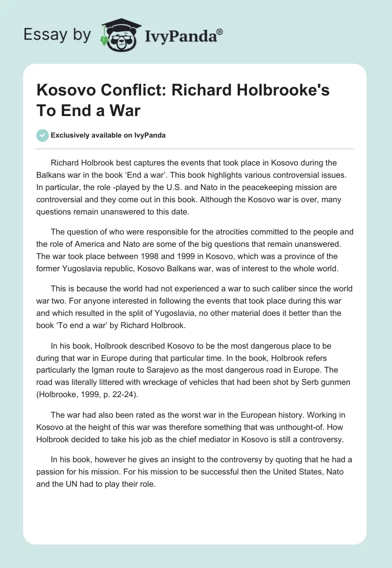 Kosovo Conflict: Richard Holbrooke's "To End a War". Page 1