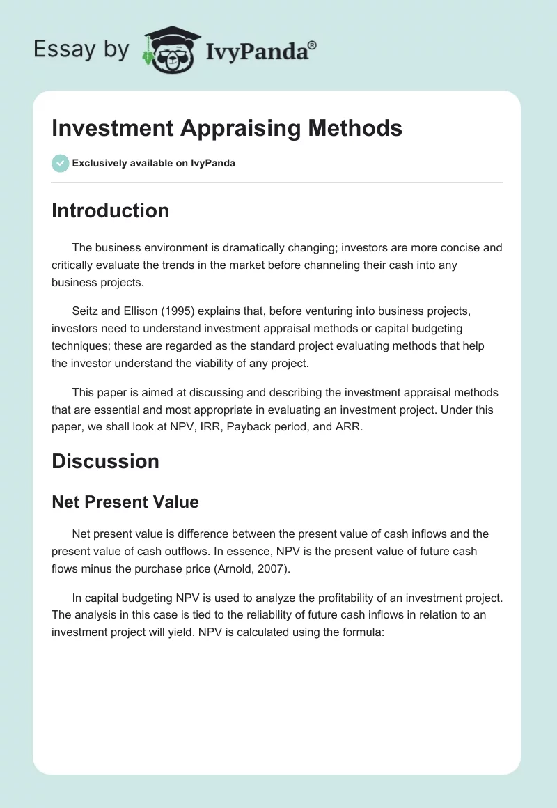 Investment Appraising Methods. Page 1