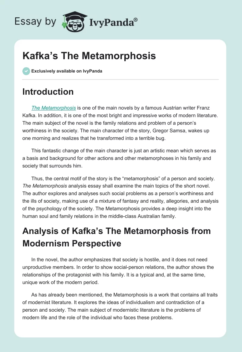 Critical Analysis of The Metamorphosis by Franz Kafka. Page 1