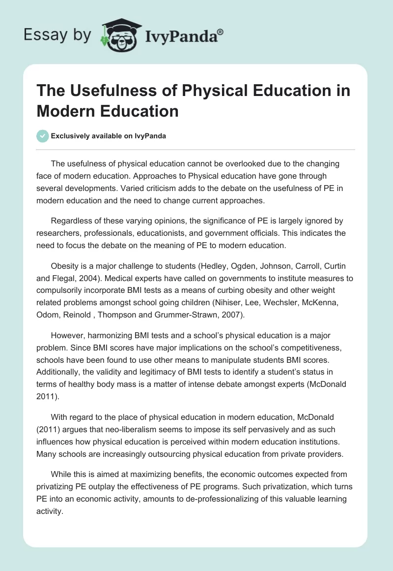 The Usefulness of Physical Education in Modern Education. Page 1